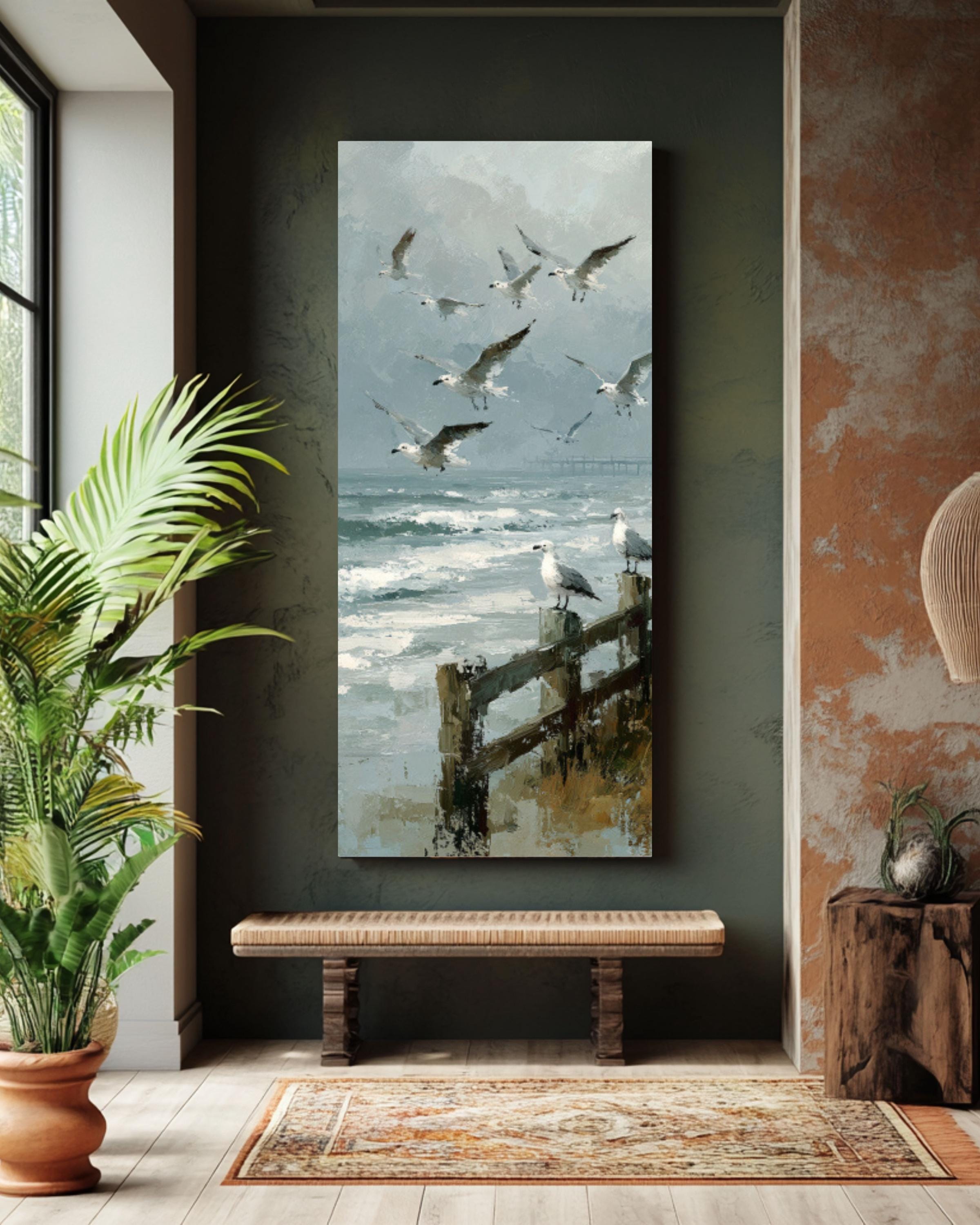 Vintage Seagulls Canvas Print | Foggy Coastal