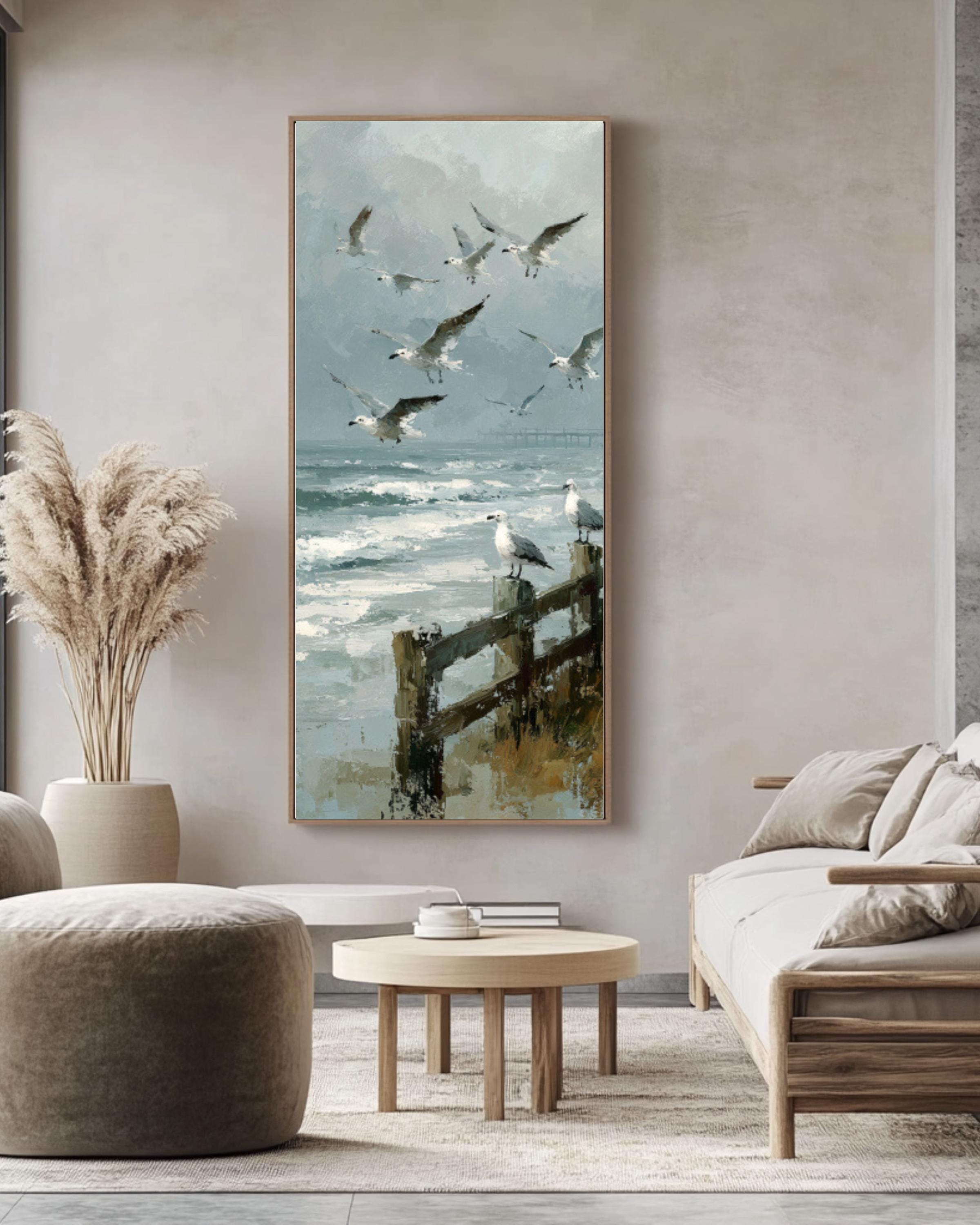 Vintage Seagulls Canvas Print | Foggy Coastal