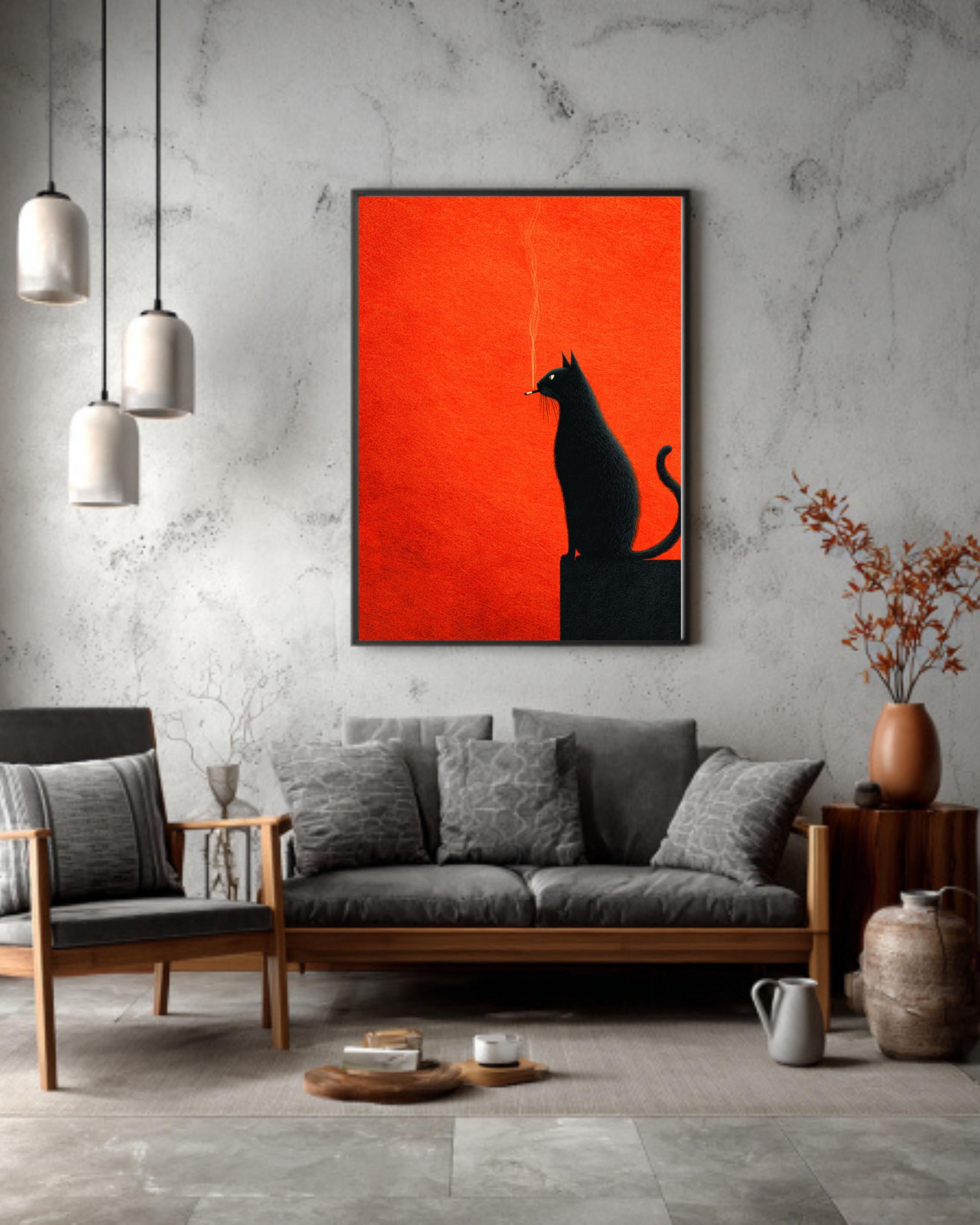 Black Cat Art Print | Retro Orange Minimalist