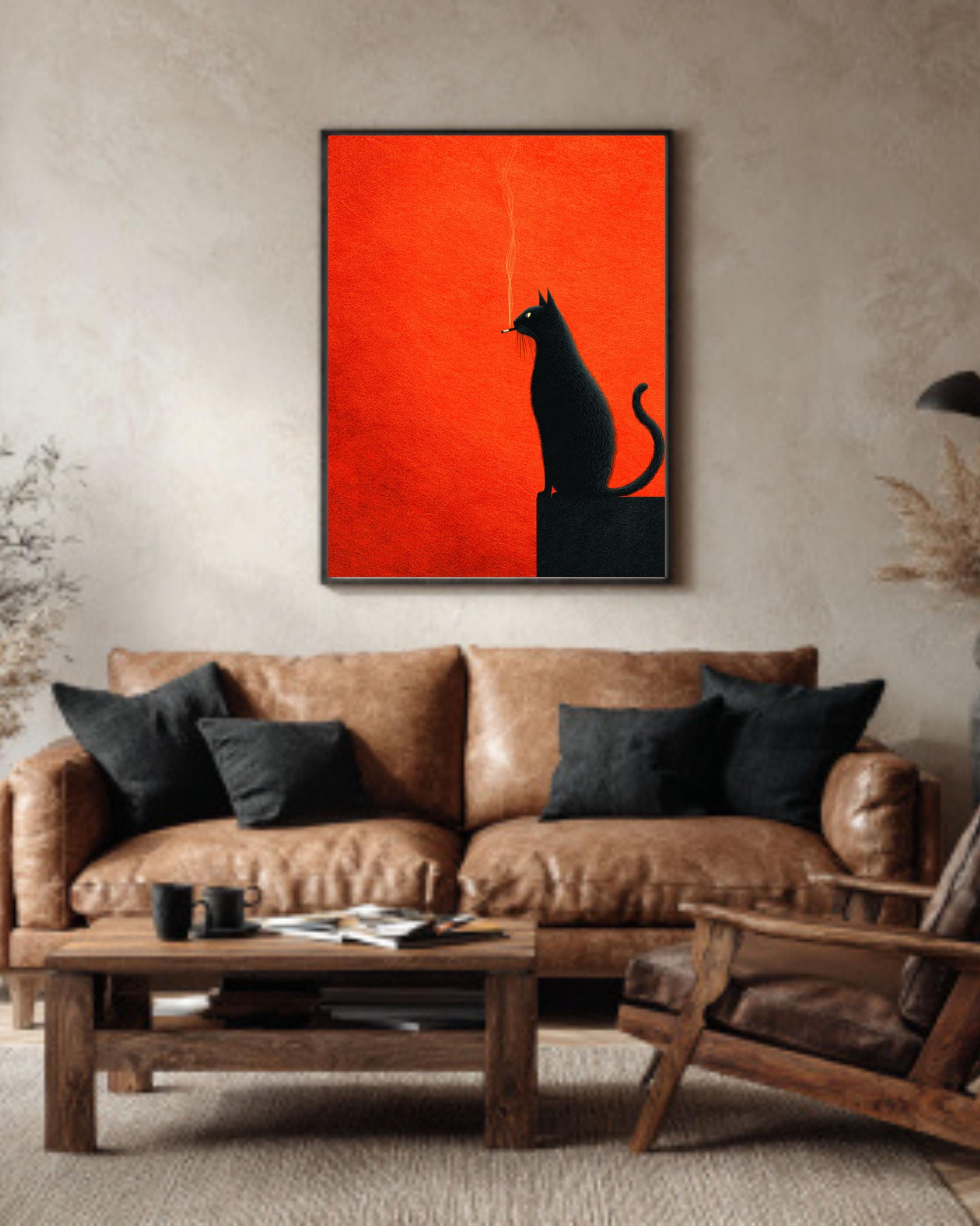 Black Cat Art Print | Retro Orange Minimalist