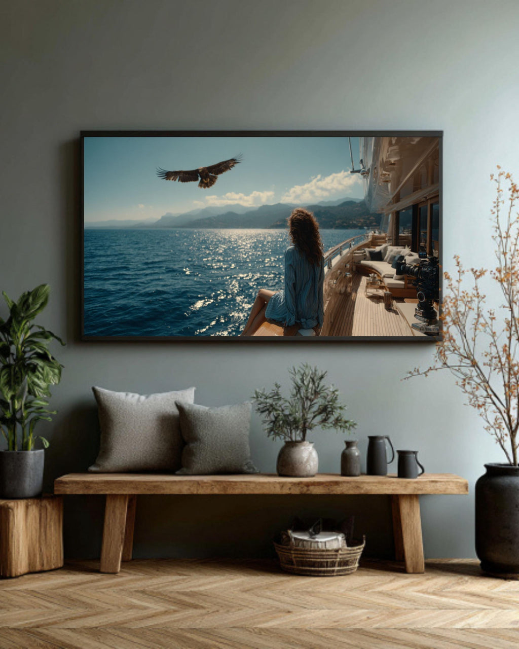 Girl on Yacht with Eagle Coastal Print â€“ Vintage Film Style Canvas Art Canvas Wall Art Print – Premium Home Decor