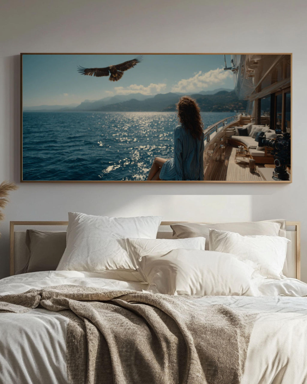 Girl on Yacht with Eagle Coastal Print â€“ Vintage Film Style Canvas Art Canvas Wall Art Print – Premium Home Decor
