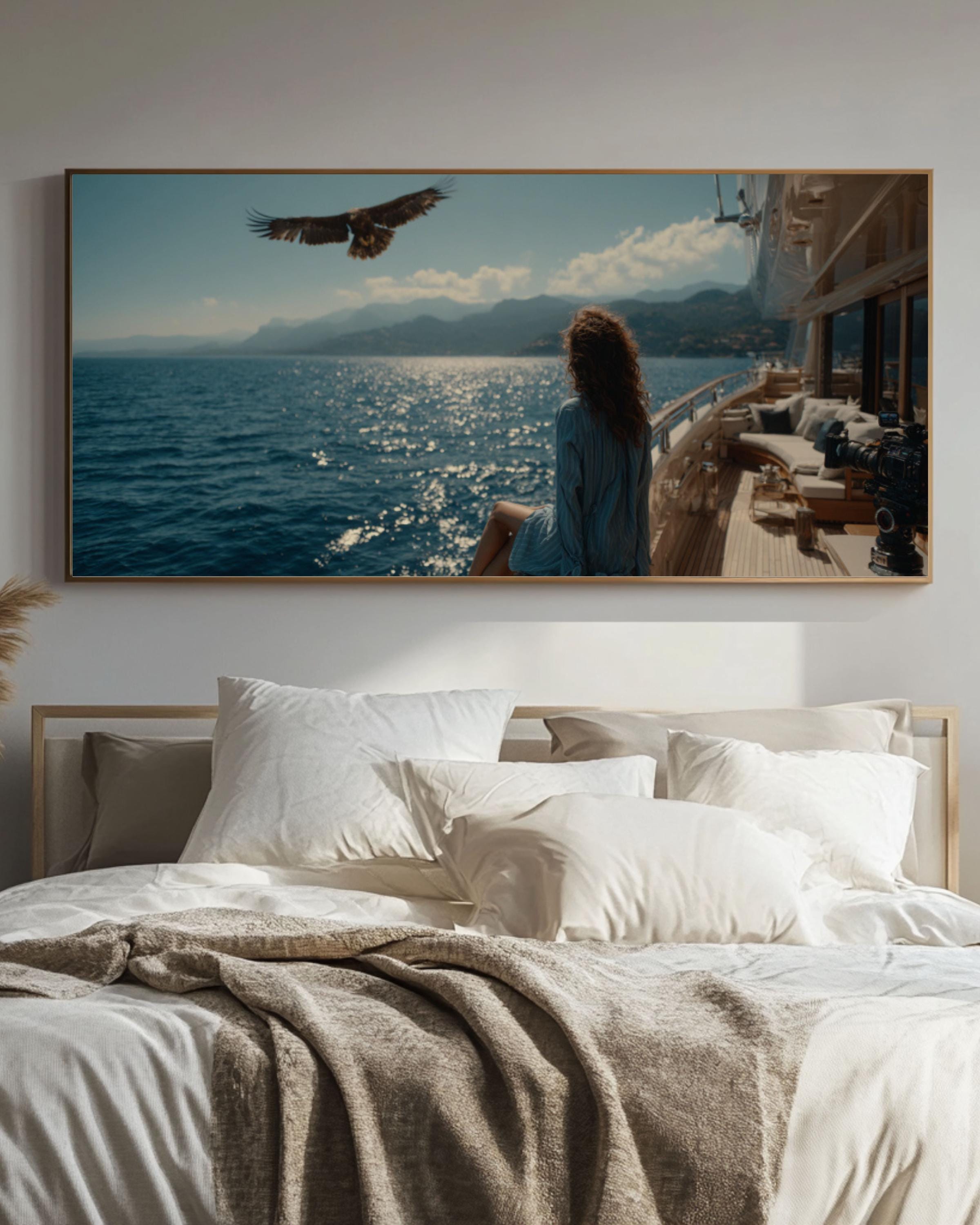 Girl on Yacht with Eagle Coastal Print â€“ Vintage Film Style Canvas Art Canvas Wall Art Print – Premium Home Decor