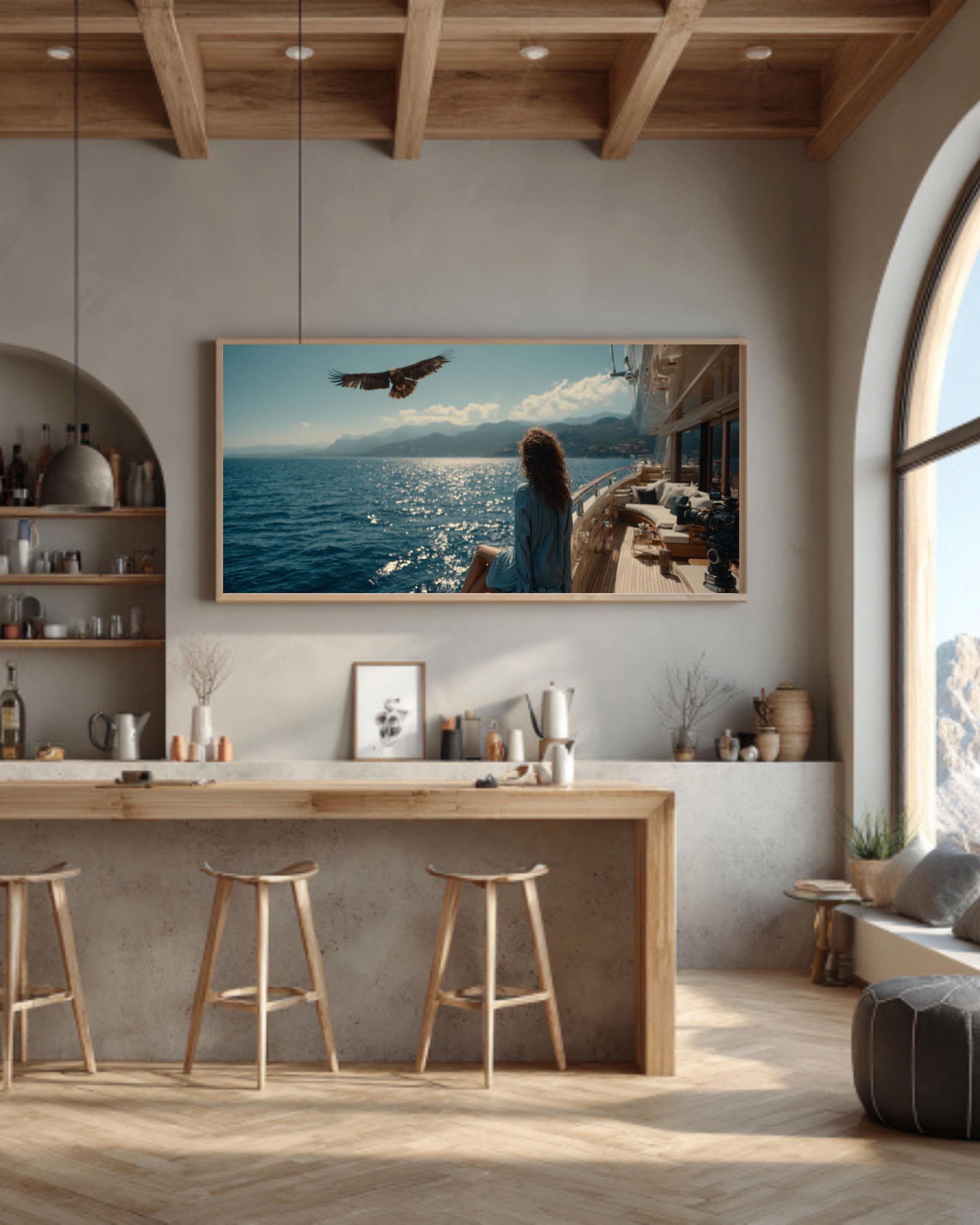 Girl on Yacht with Eagle Coastal Print â€“ Vintage Film Style Canvas Art Canvas Wall Art Print – Premium Home Decor