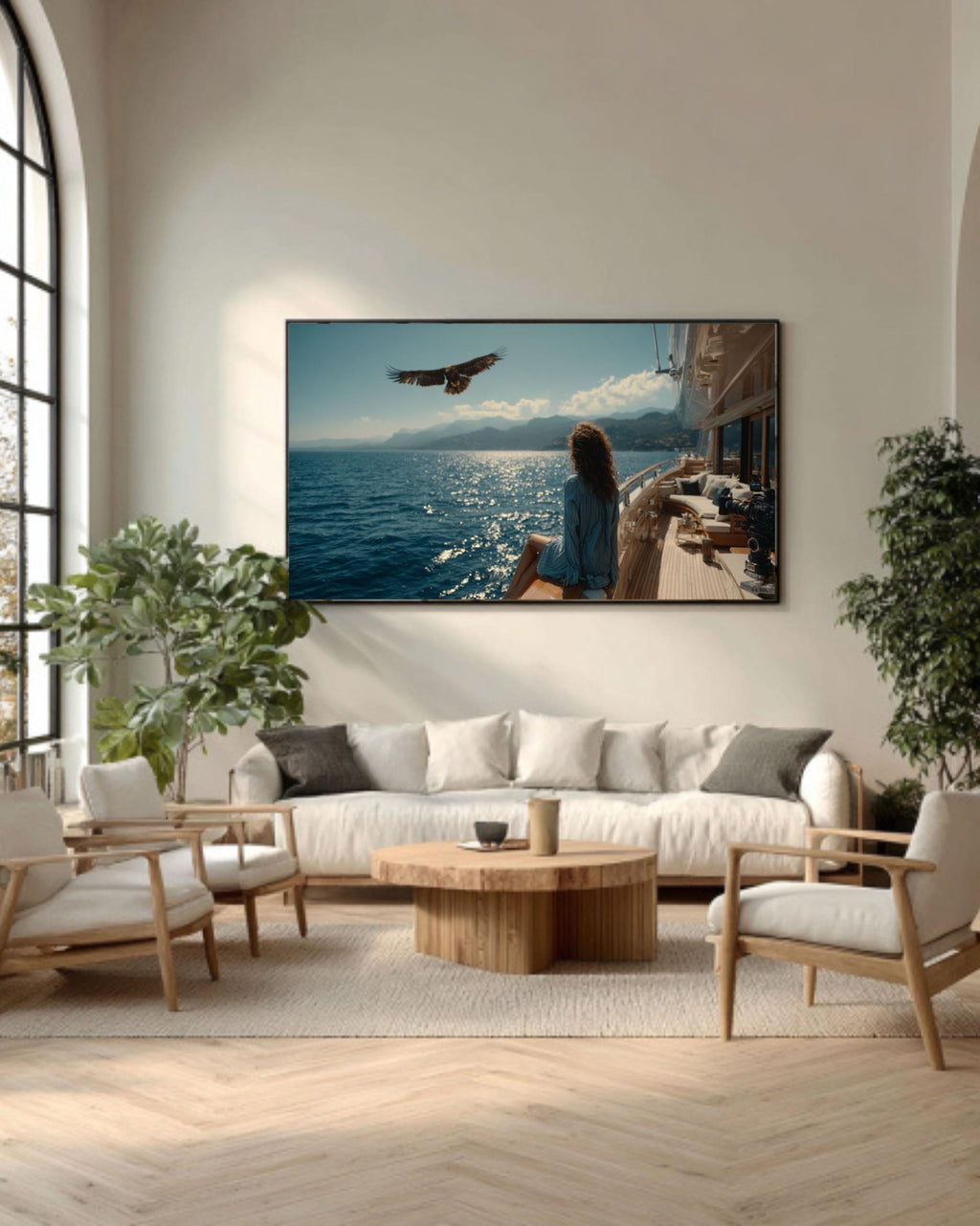 Girl on Yacht with Eagle Coastal Print â€“ Vintage Film Style Canvas Art Canvas Wall Art Print – Premium Home Decor