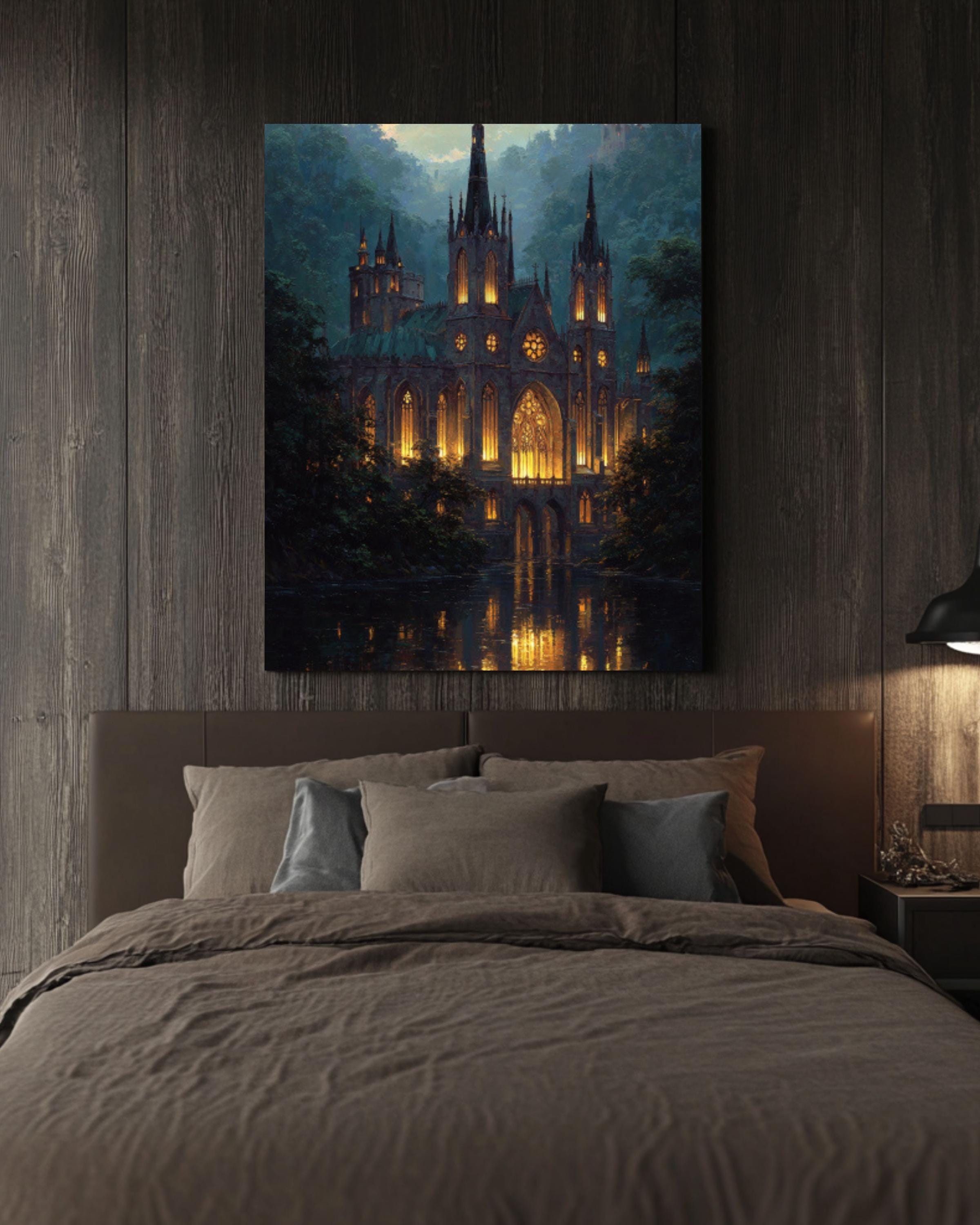 Gothic Cathedral Oil Painting: Dark Stone Church Wall Art Canvas Wall Art Print – Premium Home Decor