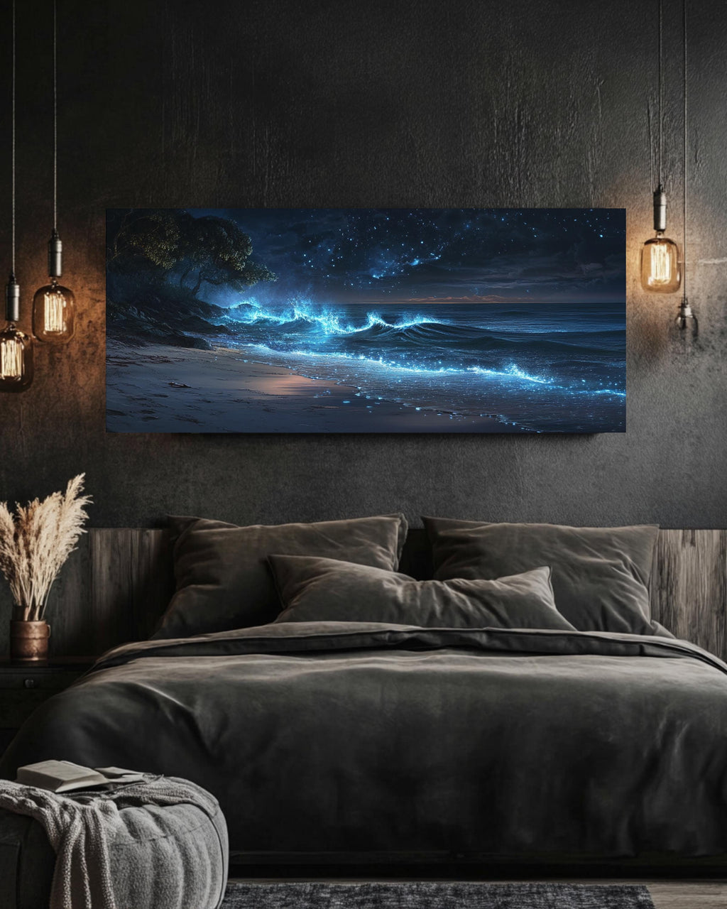 Bioluminescent Shoreline Wall Art | Twilight Ocean Canvas Print
