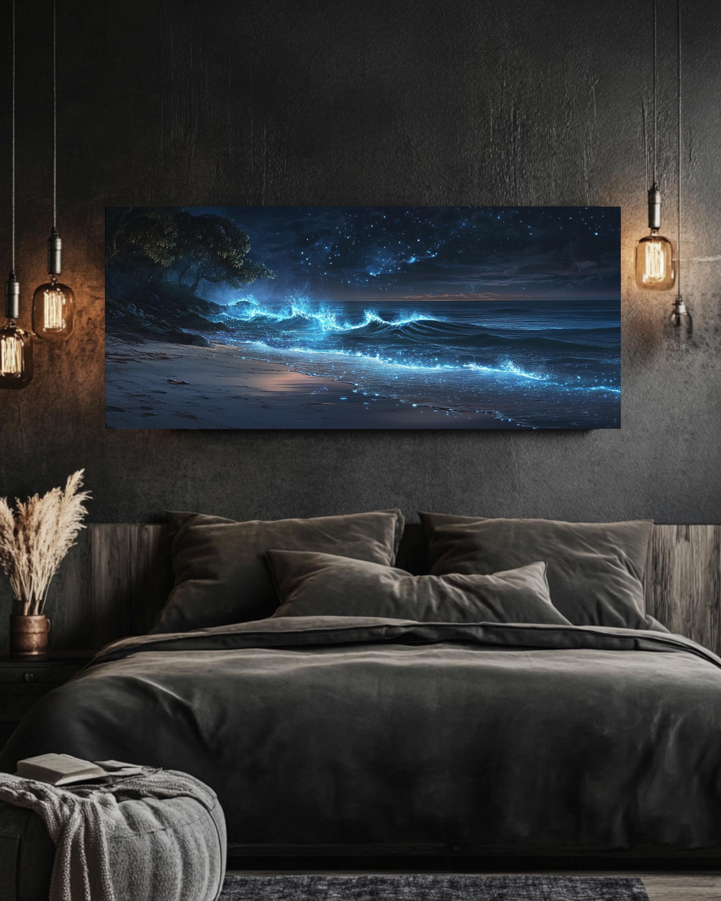 Bioluminescent Shoreline Wall Art | Twilight Ocean Canvas Print
