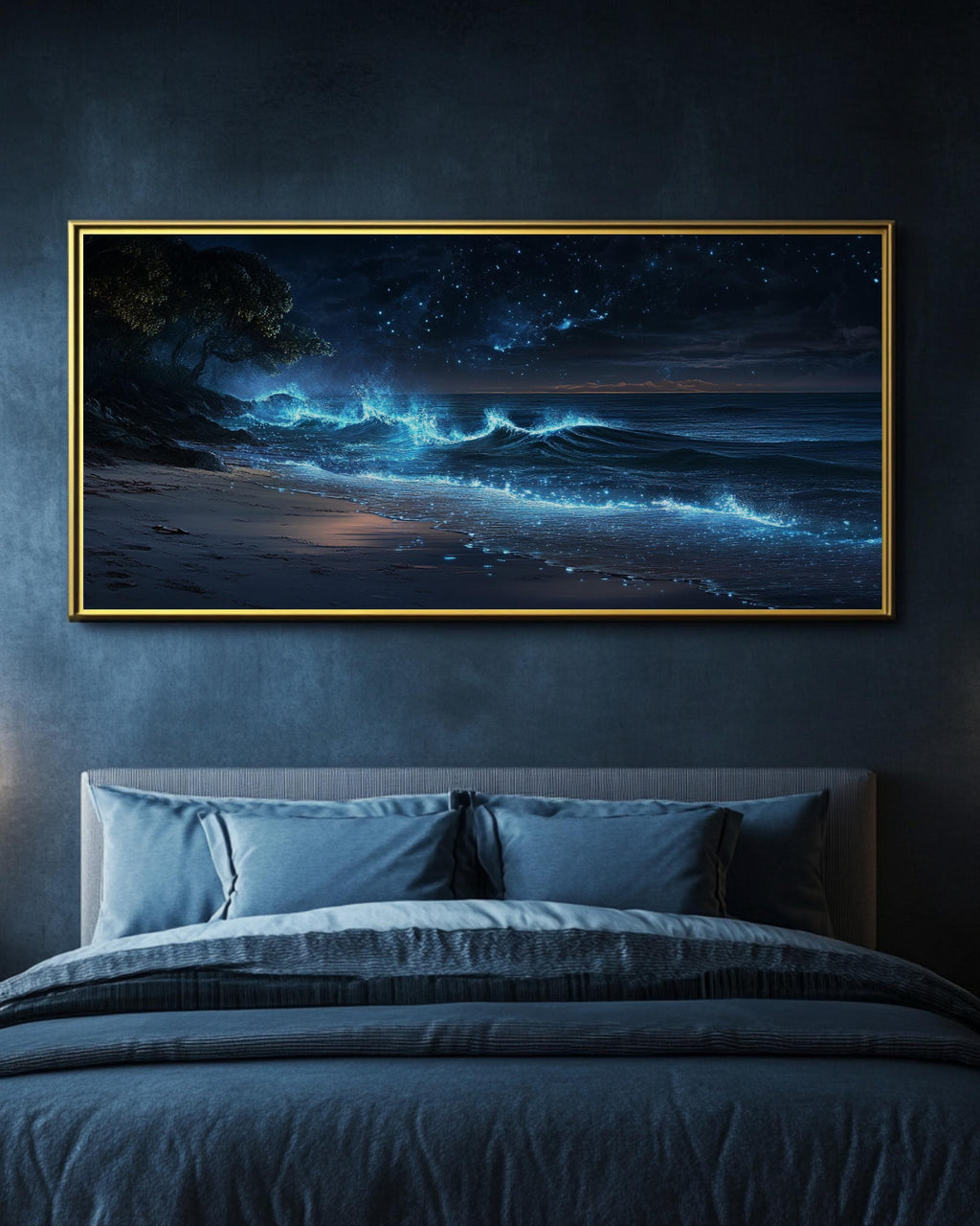 Bioluminescent Shoreline Wall Art | Twilight Ocean Canvas Print