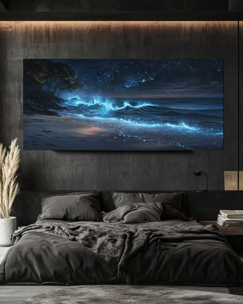Bioluminescent Shoreline Wall Art | Twilight Ocean Canvas Print
