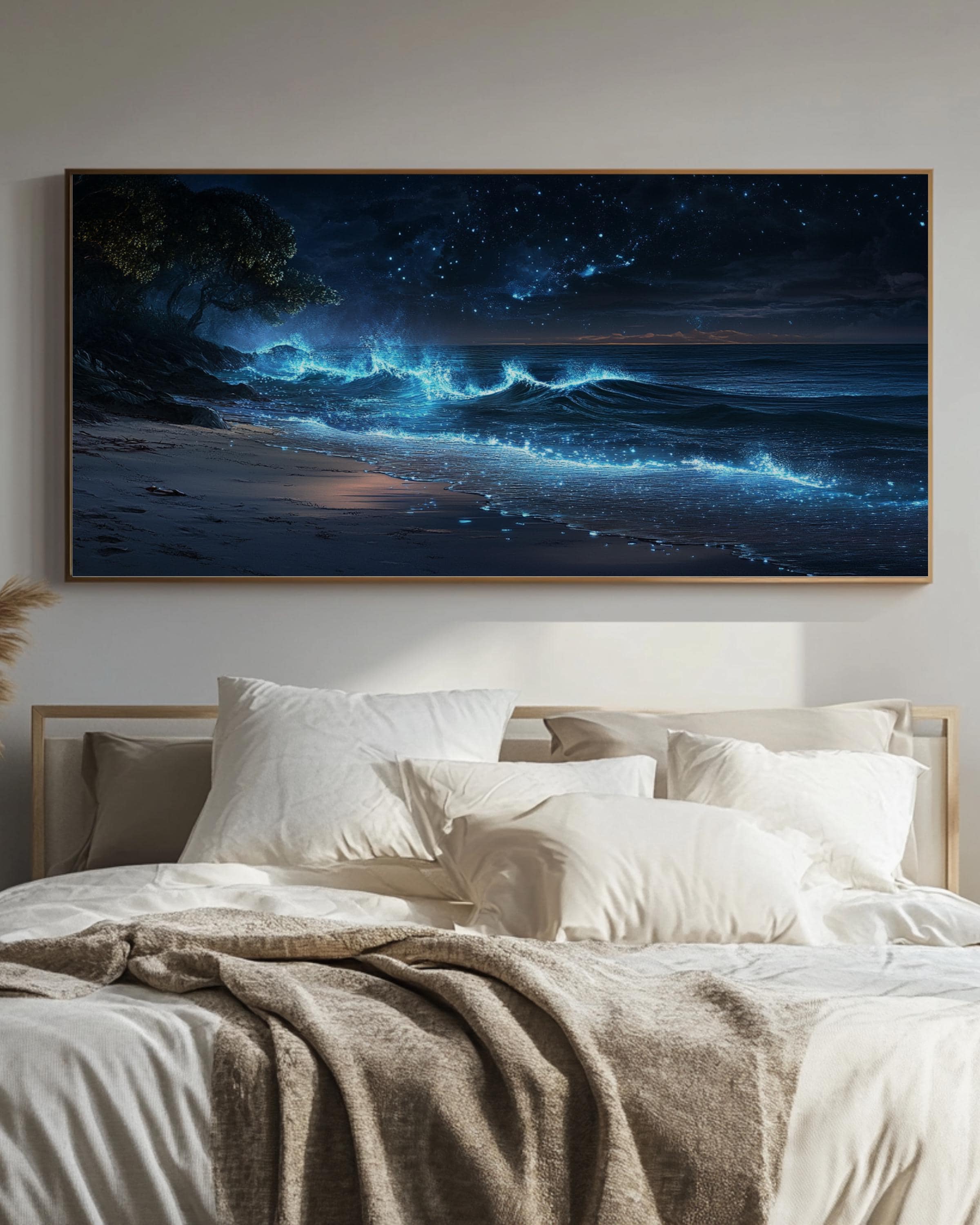 Bioluminescent Shoreline Wall Art | Twilight Ocean Canvas Print