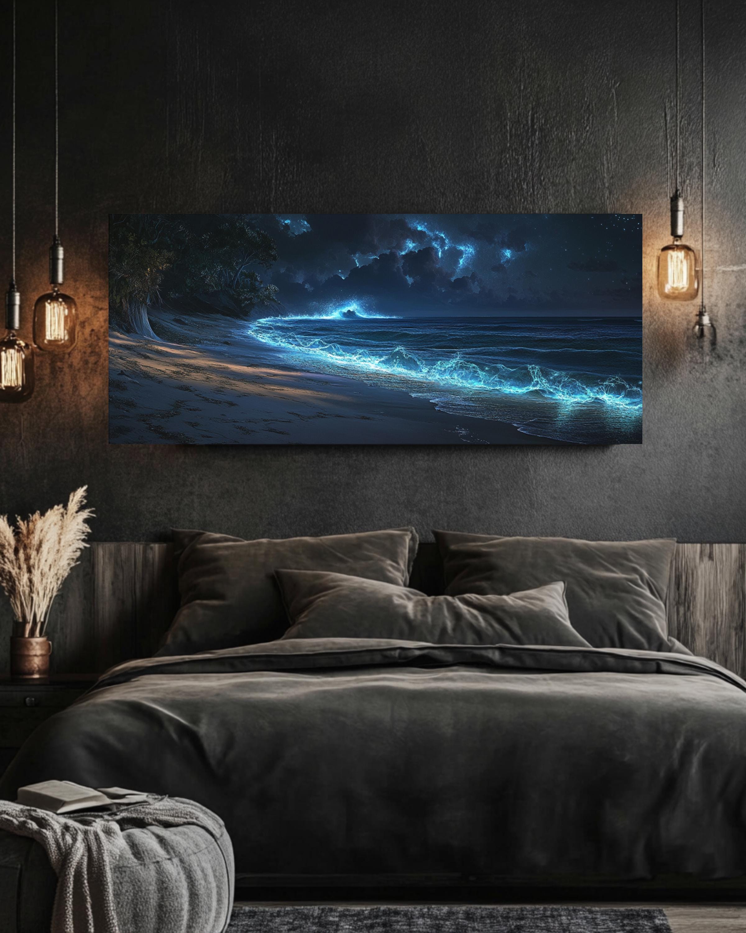 Bioluminescent Waves Ocean Wall Art | Coastal Night Landscape Home Decor | Mystical Shoreline Panoramic Canvas for home and office wall décor