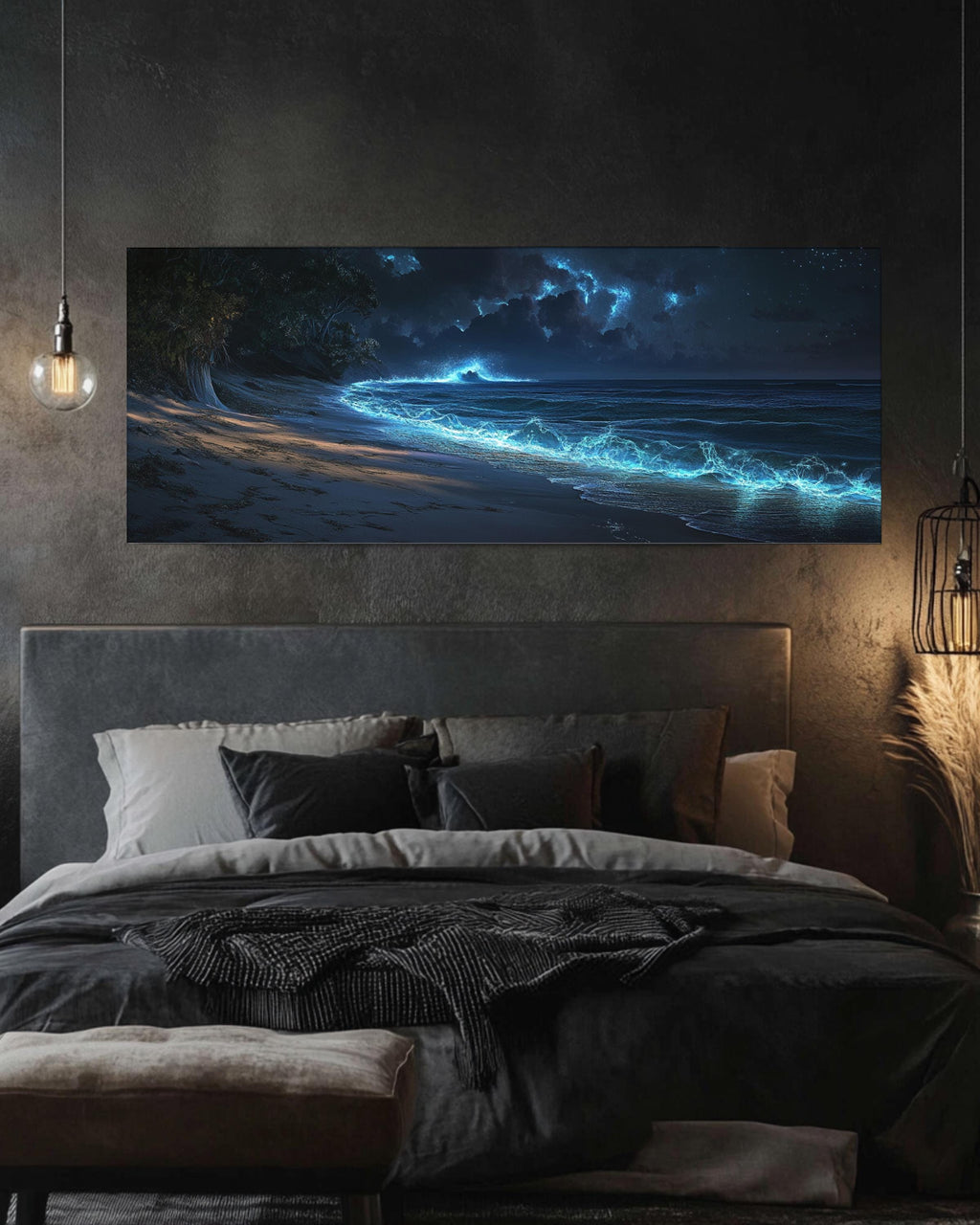 Bioluminescent Ocean Waves Wall Art | Mystical Coastal Night Canvas Print