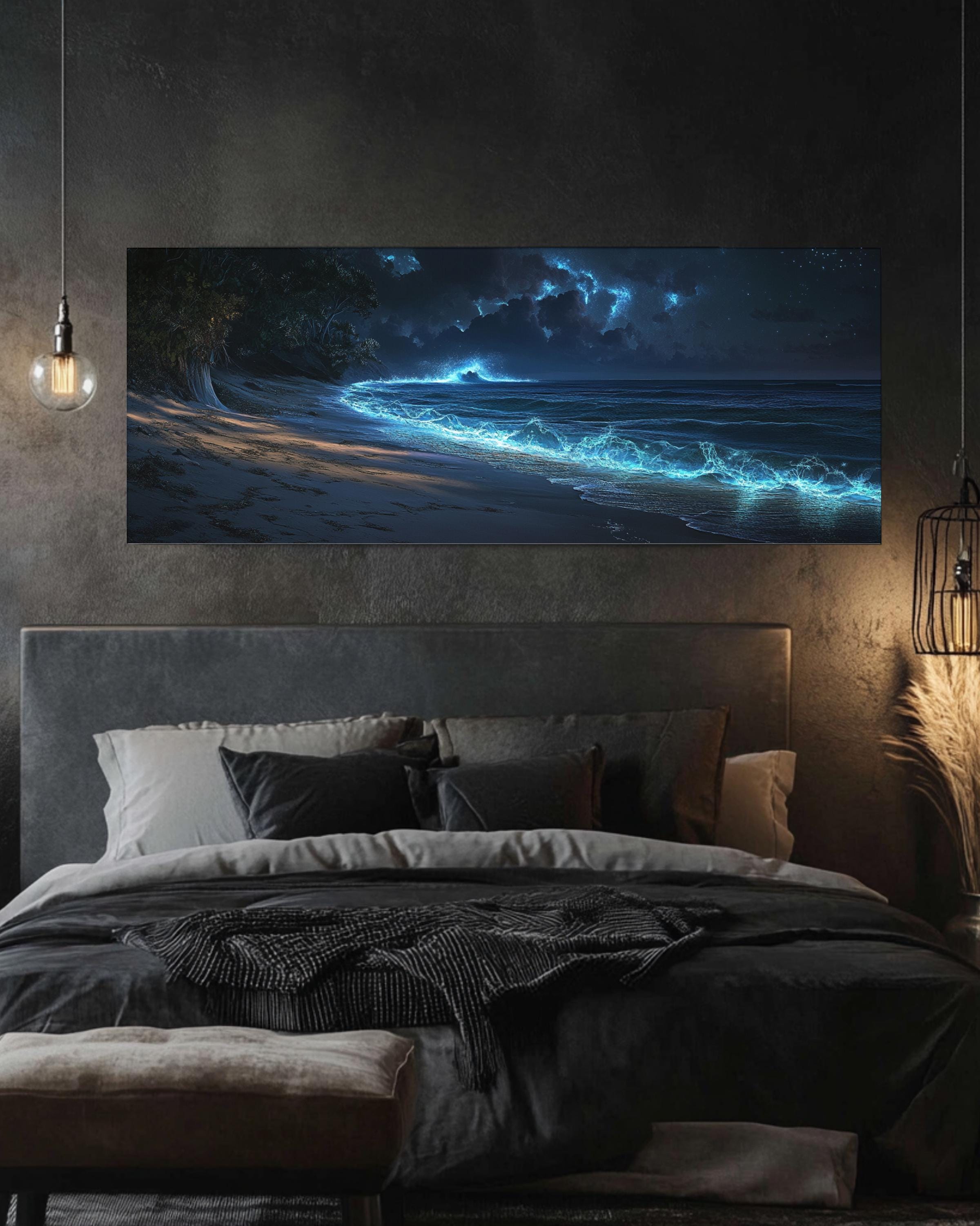 Bioluminescent Ocean Waves Wall Art | Mystical Coastal Night Canvas Print