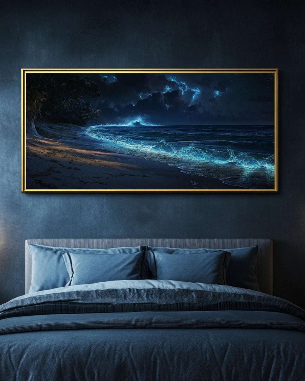 Bioluminescent Ocean Waves Wall Art | Mystical Coastal Night Canvas Print