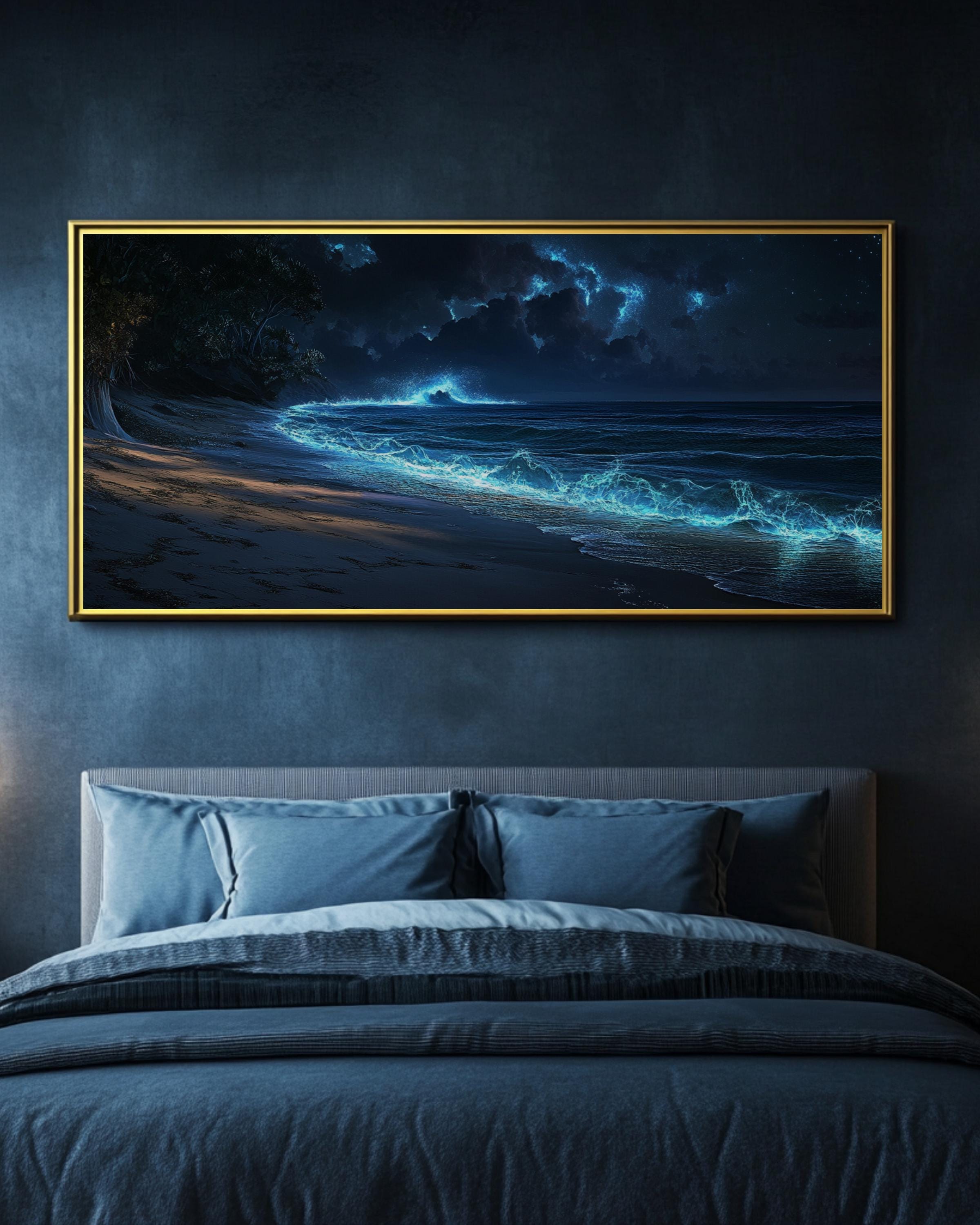 Bioluminescent Ocean Waves Wall Art | Mystical Coastal Night Canvas Print