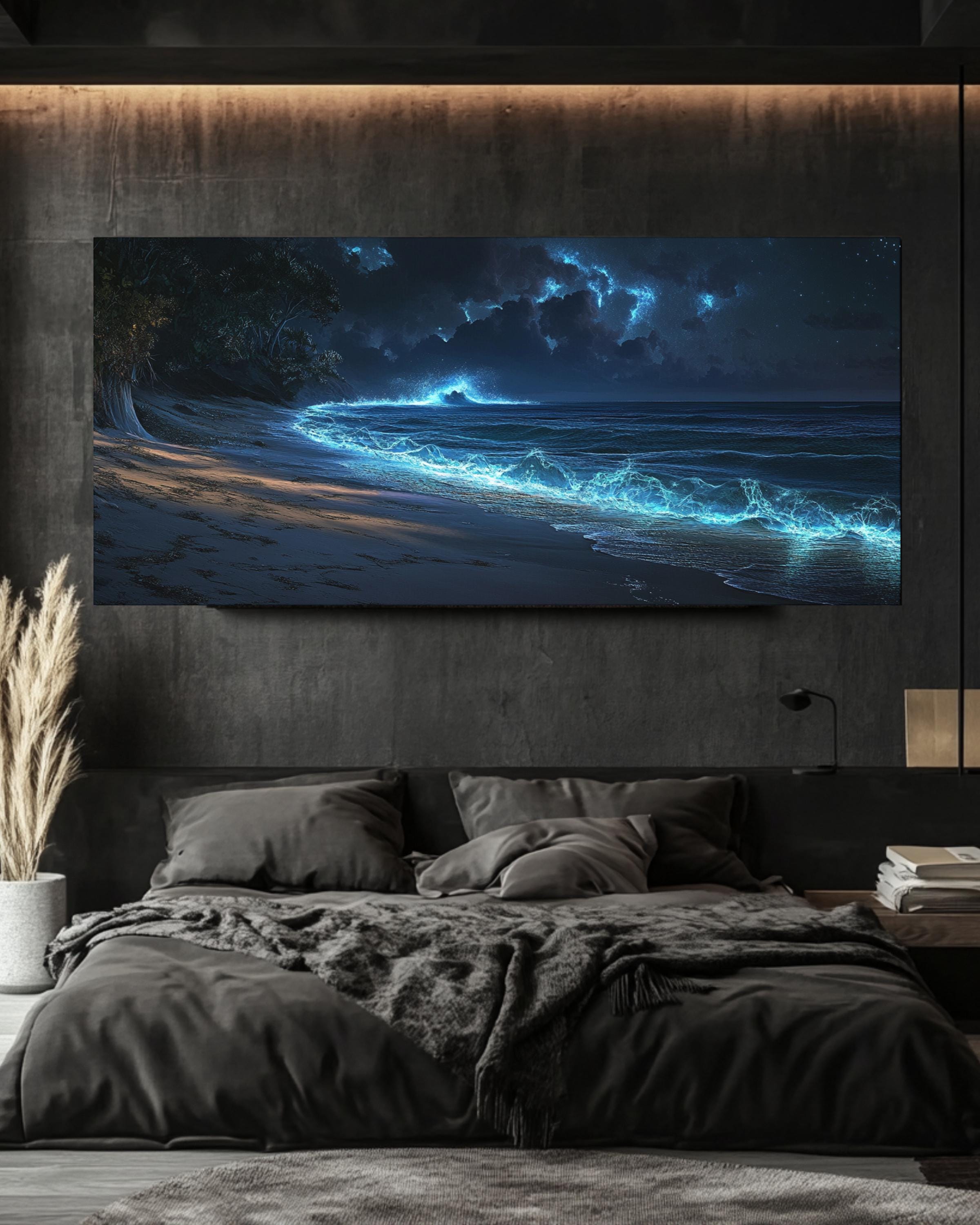 Bioluminescent Ocean Waves Wall Art | Mystical Coastal Night Canvas Print