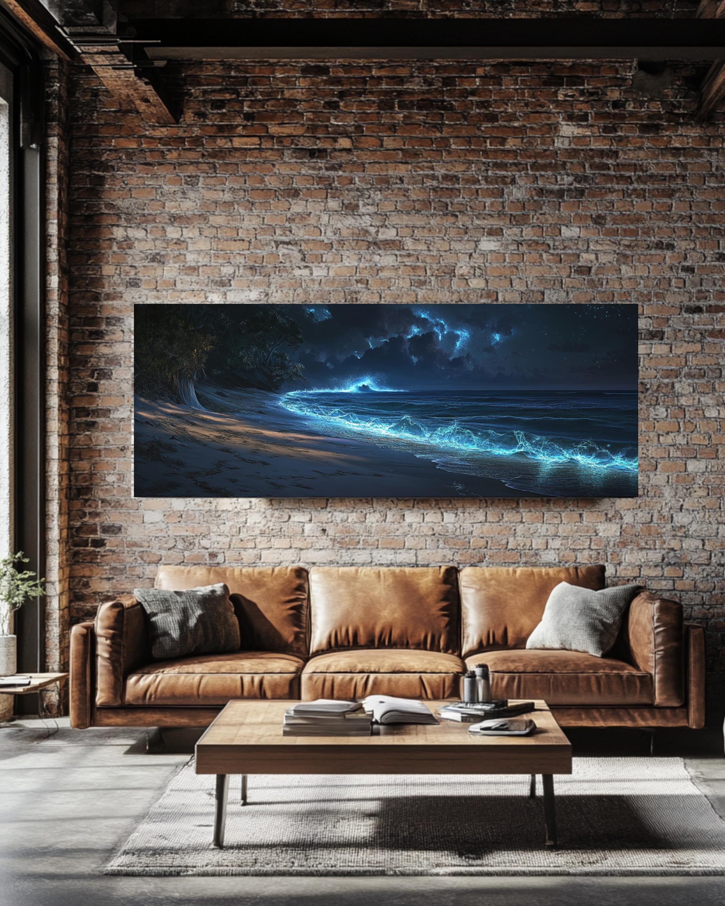 Bioluminescent Ocean Waves Wall Art | Mystical Coastal Night Canvas Print