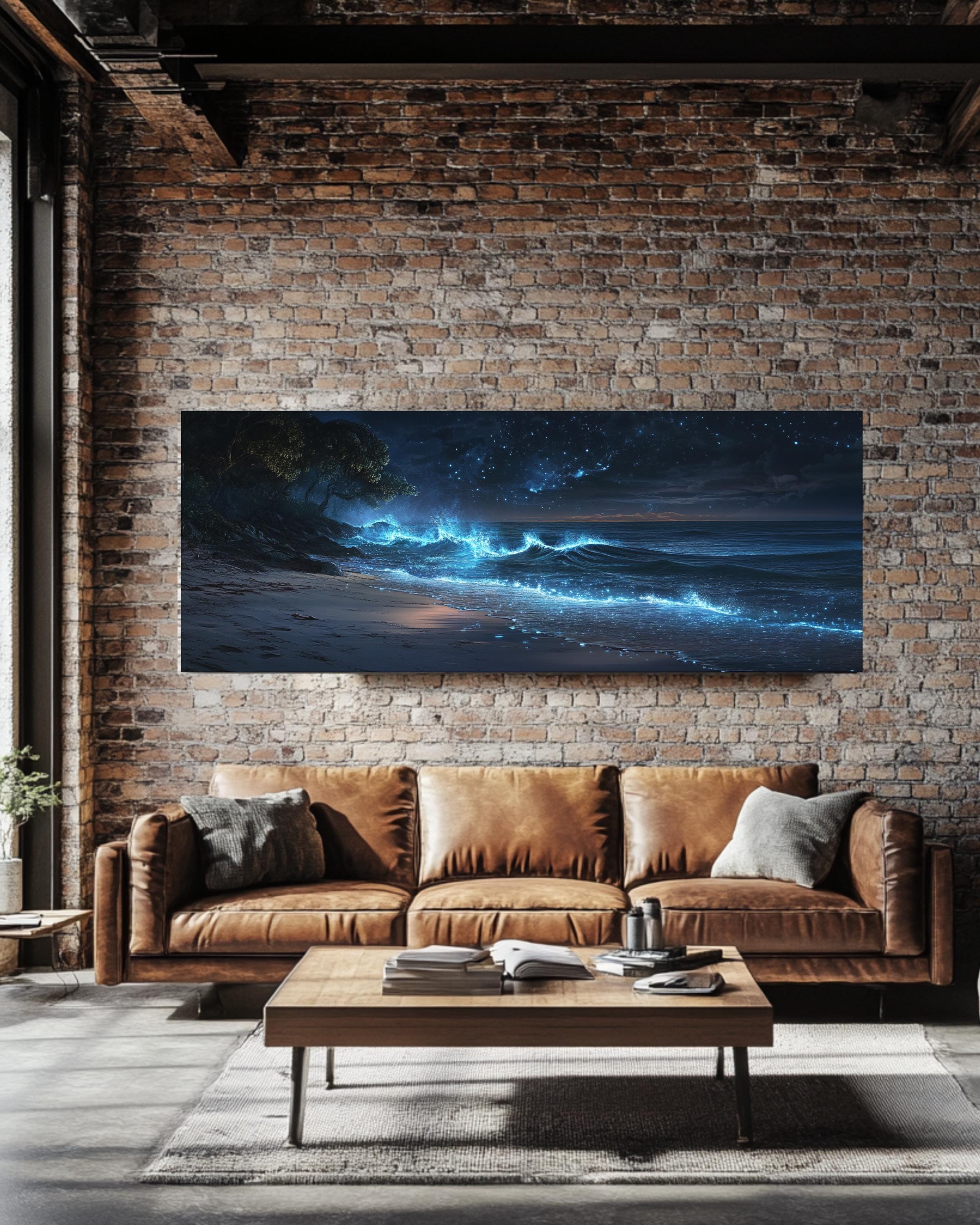 Bioluminescent Shoreline Wall Art | Twilight Ocean Canvas Print