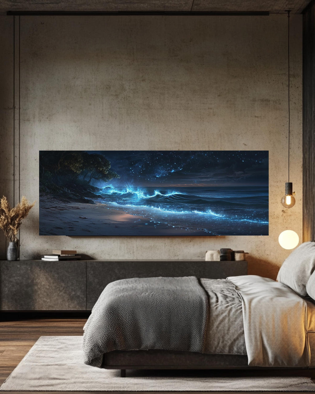 Bioluminescent Shoreline Wall Art | Twilight Ocean Canvas Print
