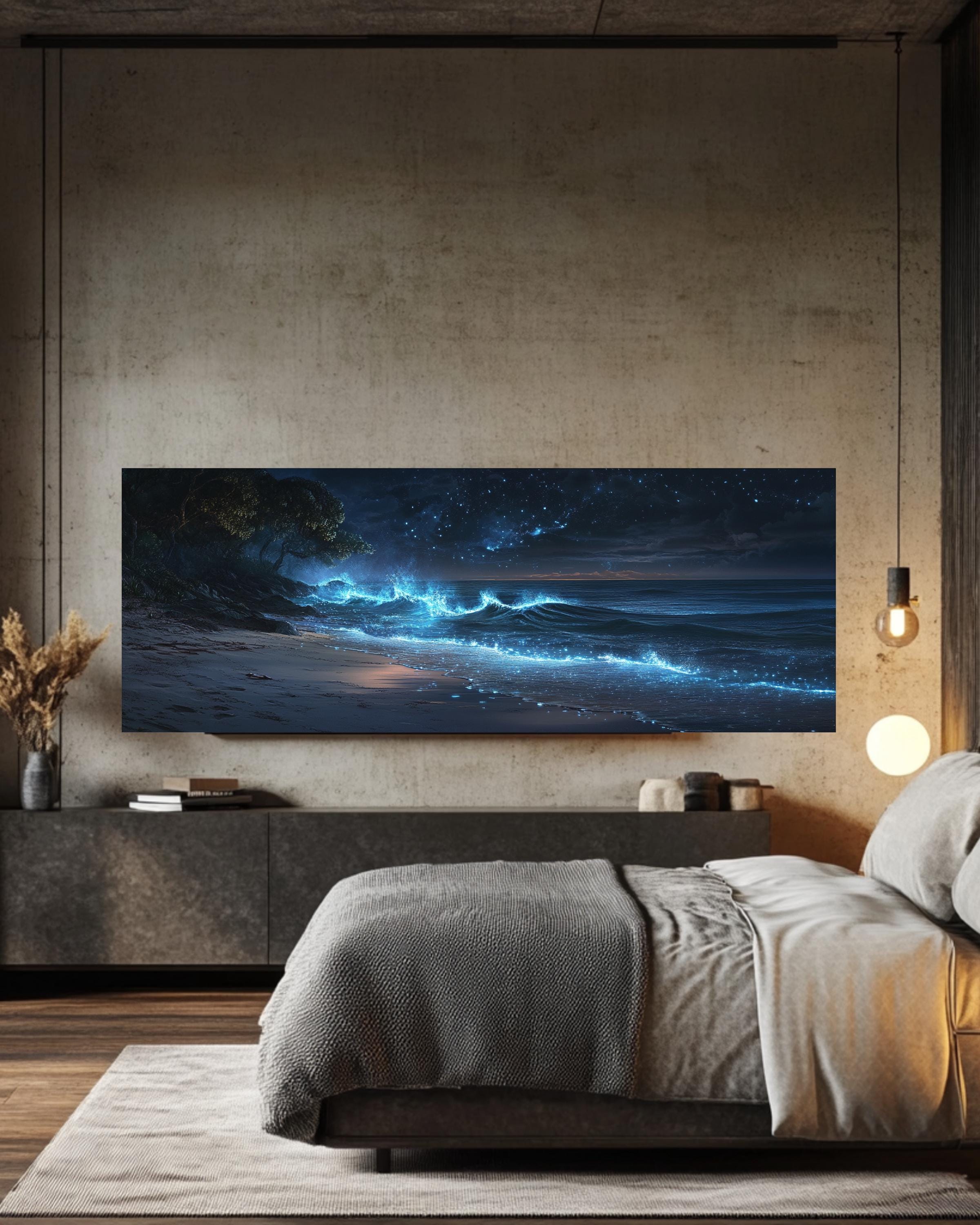 Bioluminescent Shoreline Wall Art | Twilight Ocean Canvas Print
