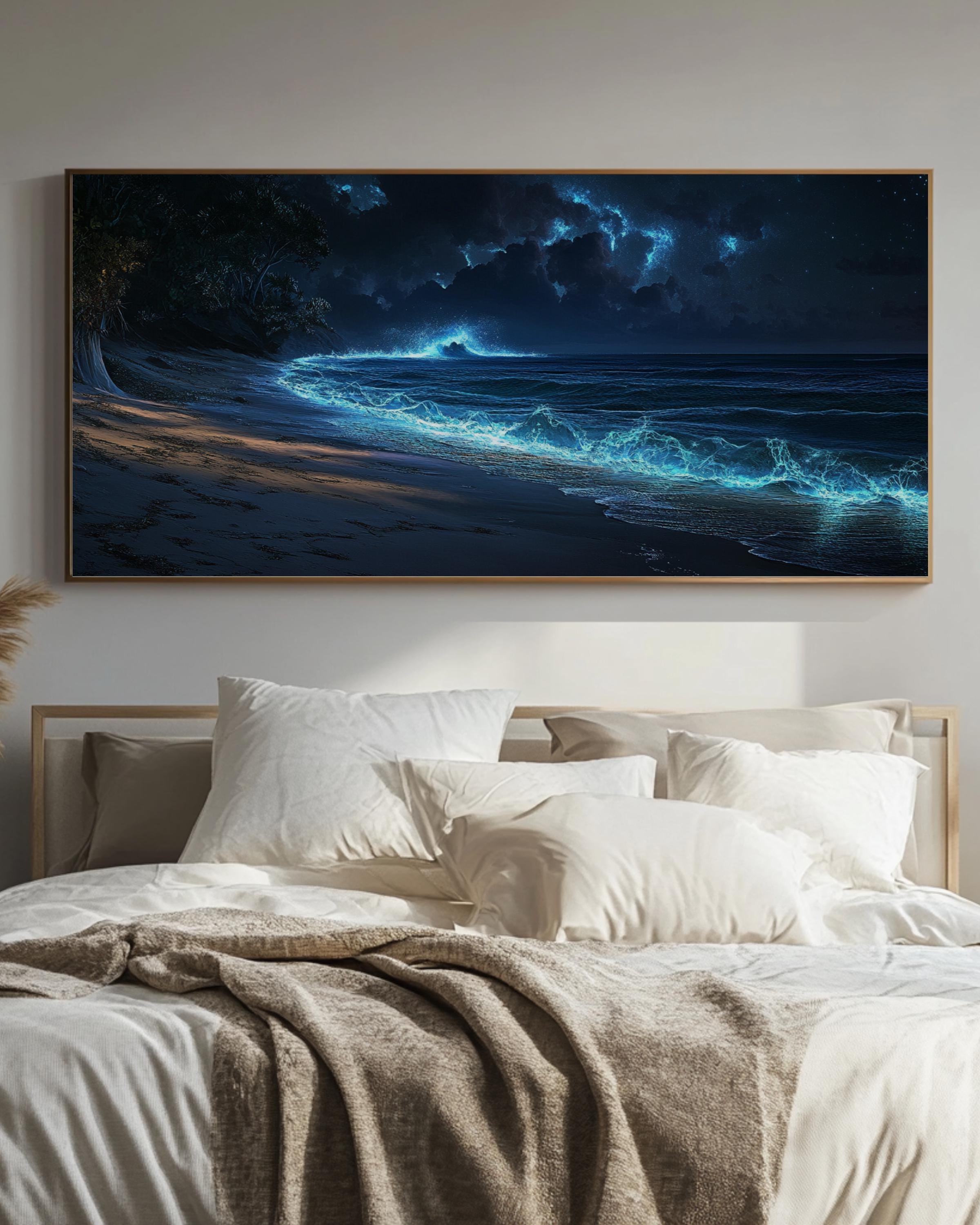 Bioluminescent Ocean Waves Wall Art | Mystical Coastal Night Canvas Print