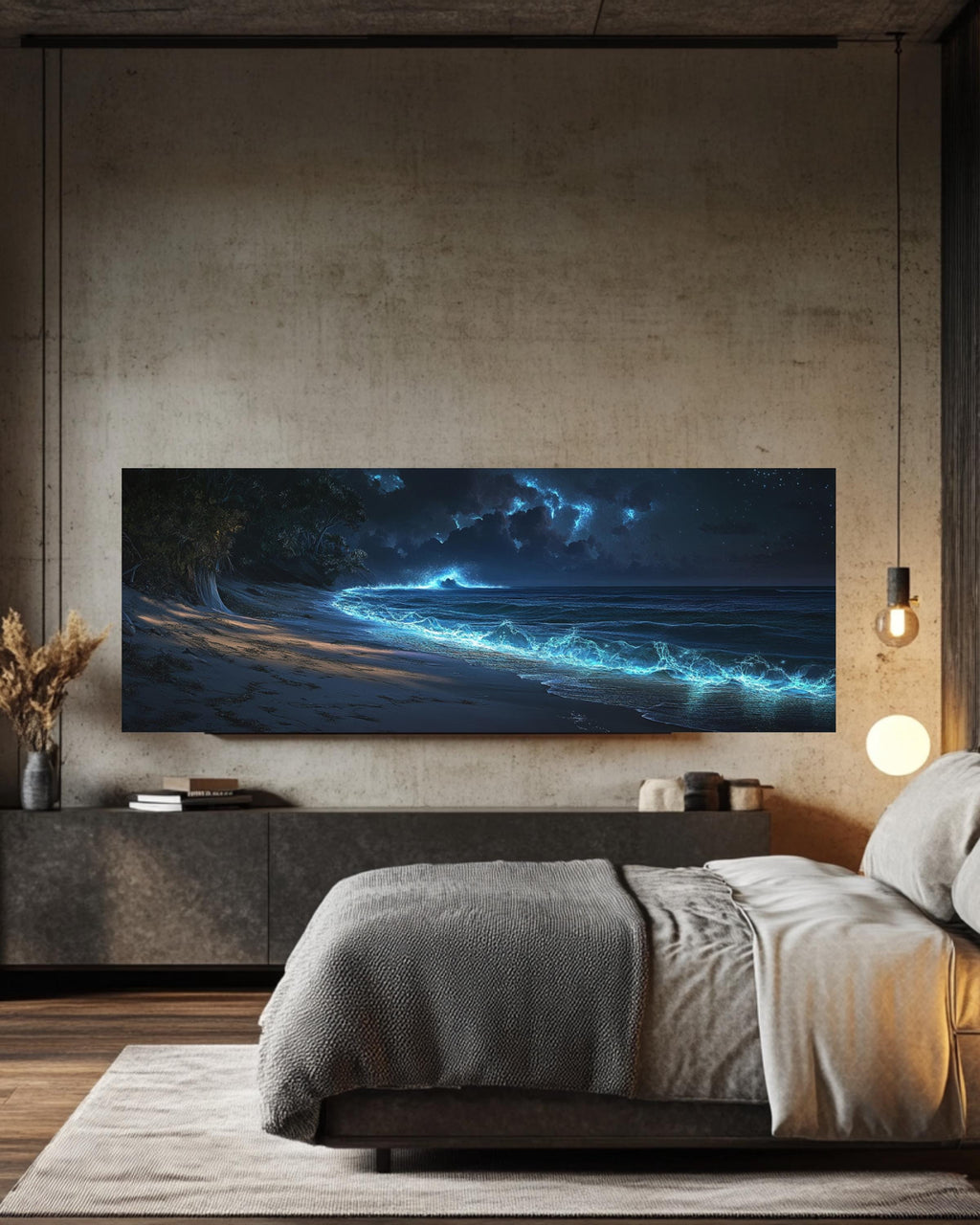 Bioluminescent Ocean Waves Wall Art | Mystical Coastal Night Canvas Print